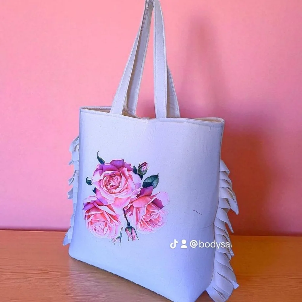 Chic Ruffled Tote Bag with Pink Floral Design